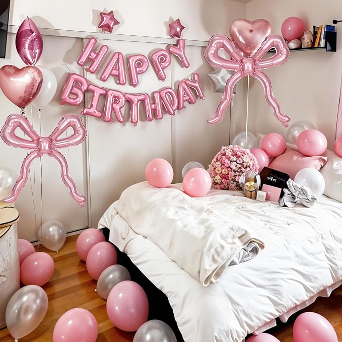 Pink Bow Happy Birthday Balloons Banner, 22 Inch Pearl Pink Bow Foil Balloons - Image 8