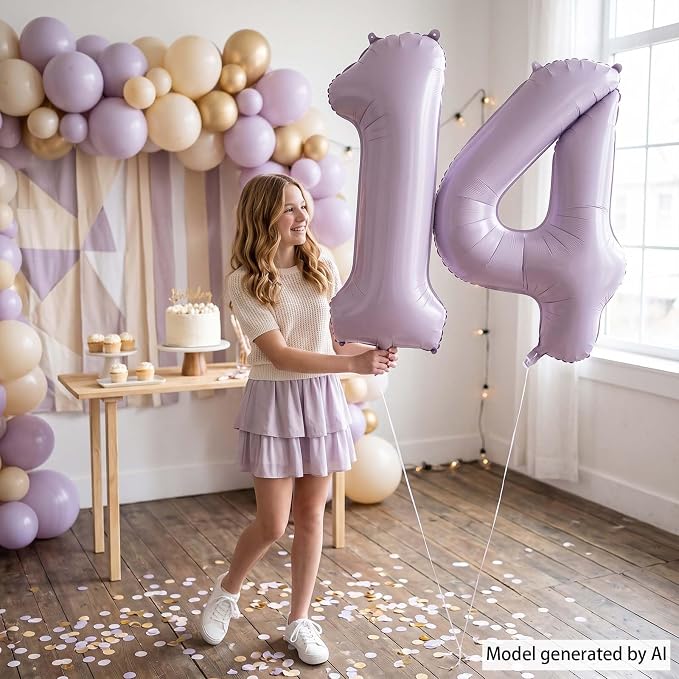 Cream Purple Number 14 Balloon 40 Inch, Foil Numeral Party Decor | Matte Pastel - Image 6