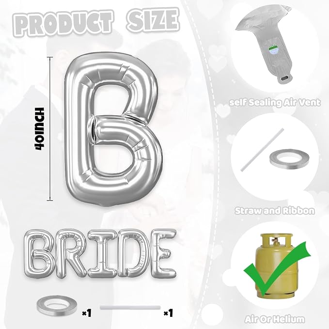 40 Inch BRIDE Balloons Bachelorette Party Decorations, Metallic Silver Bride - Image 2