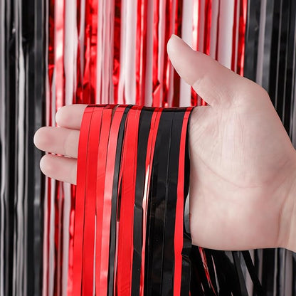 Voircoloria Red Black Foil Fringe Backdrop Curtains, 2 Pack | Tinsel Streamers - Image 2