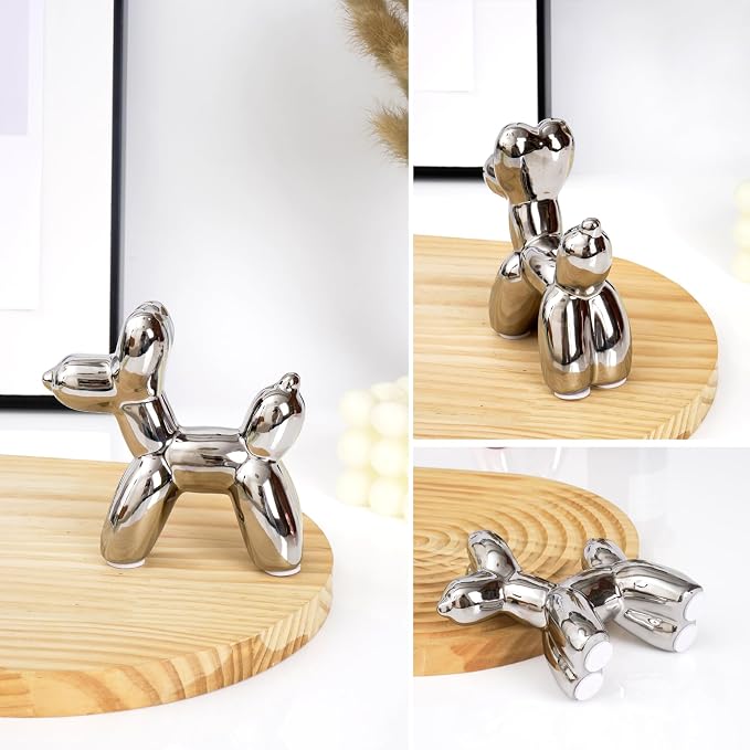Notakia Silver Balloon Dog Ceramic Statue, Handmade Small Modern Animal Figurine - Image 3