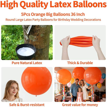 5Pcs Orange Big Balloons 36 Inch, Round Large Latex Party Balloons - Image 2