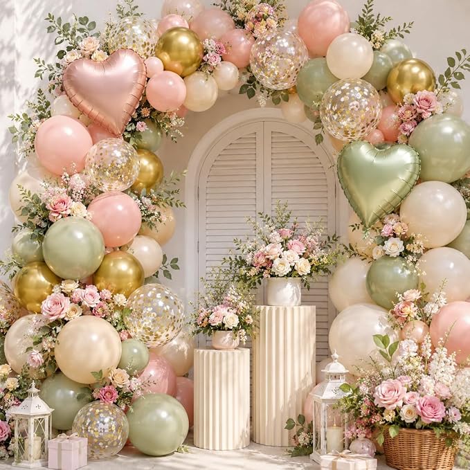 Pink and Green Balloons, 12 Inch Retro Sage Green Pink Nude Metallic Gold - Image 6