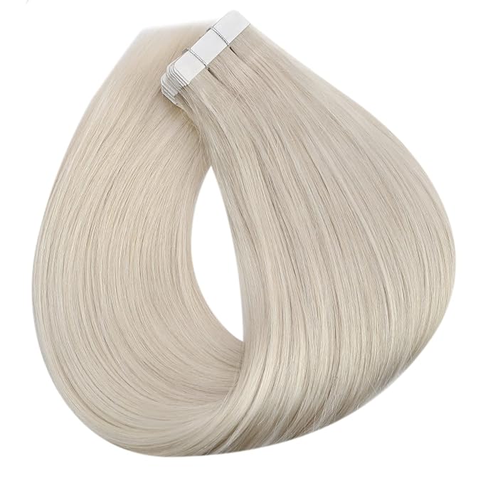Full Shine Tape in Hair Extensions 12Inch Seamless Tape in Extensions Color 1000 White Blonde Soft Remy Skin Weft Invisible Human Hair Extension for Women 20 Pcs 30 Gram Natural
