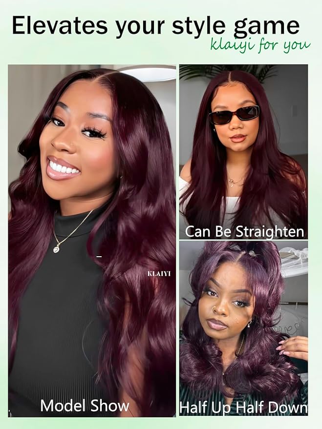 KLAIYI Black Cherry Loose Body Wave Bye Bye Knots Glueless Wig 7x5Precut Lace Front Wigs Human Hair Drawstring Pre Plucked Bleached 30S Ready to Wear and Go Wig with Face Framing Bangs Burgundy 18Inch