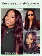 KLAIYI Black Cherry Loose Body Wave Bye Bye Knots Glueless Wig 7x5Precut Lace Front Wigs Human Hair Drawstring Pre Plucked Bleached 30S Ready to Wear and Go Wig with Face Framing Bangs Burgundy 20Inch