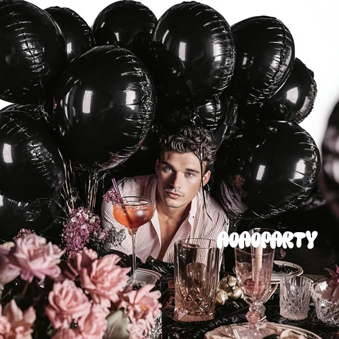 25Pcs Black Round Shaped Foil Balloons 18 Inch Mylar Balloon | Helium - Image 2