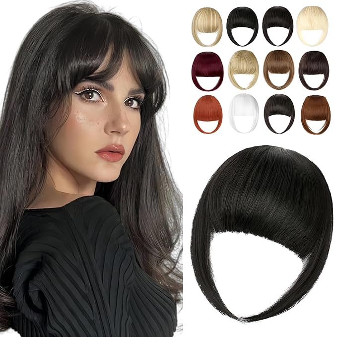Clip in Bangs, Synthetic French Bangs Hair Clip, Fake Bangs Fringe with Temples Hairpieces for Women Natural Curved Hair Extensions for Daily Wear Dark Black