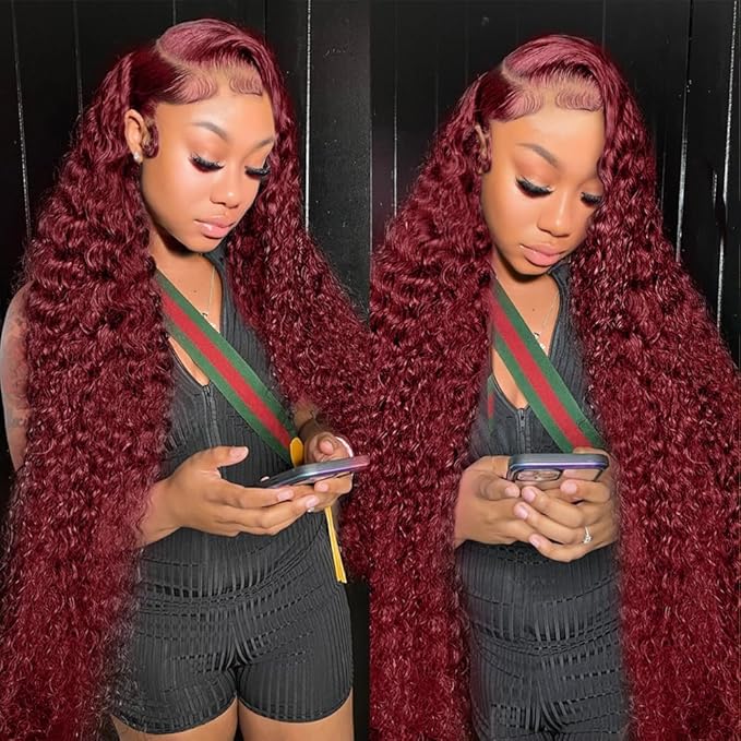 38 Inch 99J Burgundy 13x6 Lace Front Wigs Human Hair Red Burgundy Wig 200% Density Deep Wave Lace Front Wigs Human Hair Pre Plucked Glueless HD Lace Frontal Wigs for Women