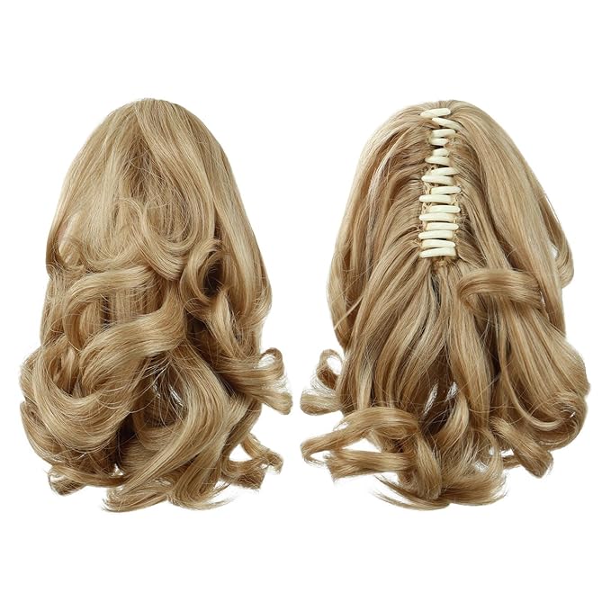 Blonde Ponytail Extension,9" Short Curly Wavy Claw Clip Pony tails Hair Extensions Natural Soft Synthetic Hairpiece for Women