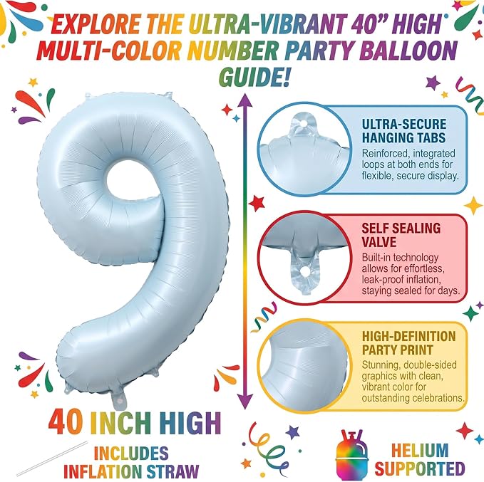 40 Inch Light Blue Number 9 Foil Balloon - Image 2