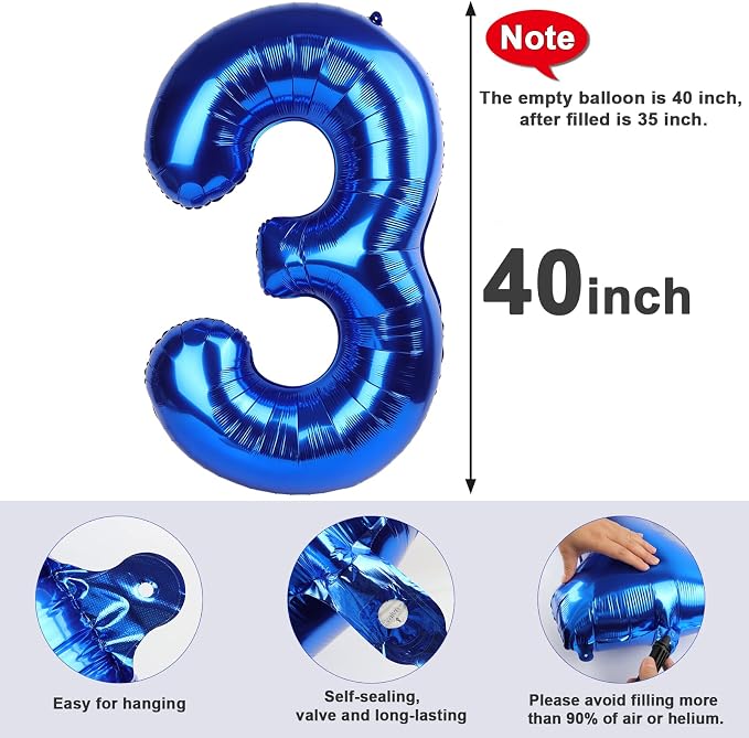 3 Balloon Numbers Party Decorations, 40In Dark Blue Balloons - Image 5