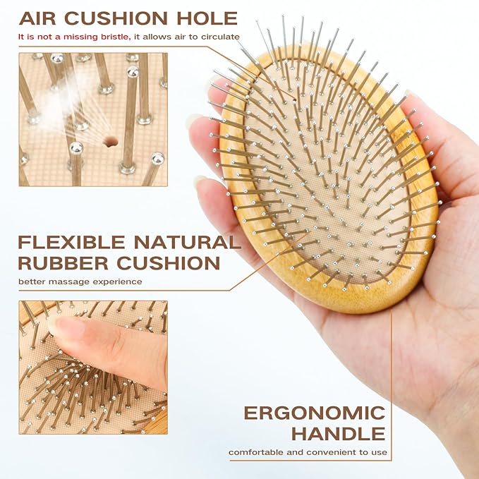Metal Hair Brush for Hair Growth(No Handle Design) Combetter, Natural Wood Brush, Mini Hair Scalp Massager Metal Bristles Detangling Brush for Women, Men &Kids