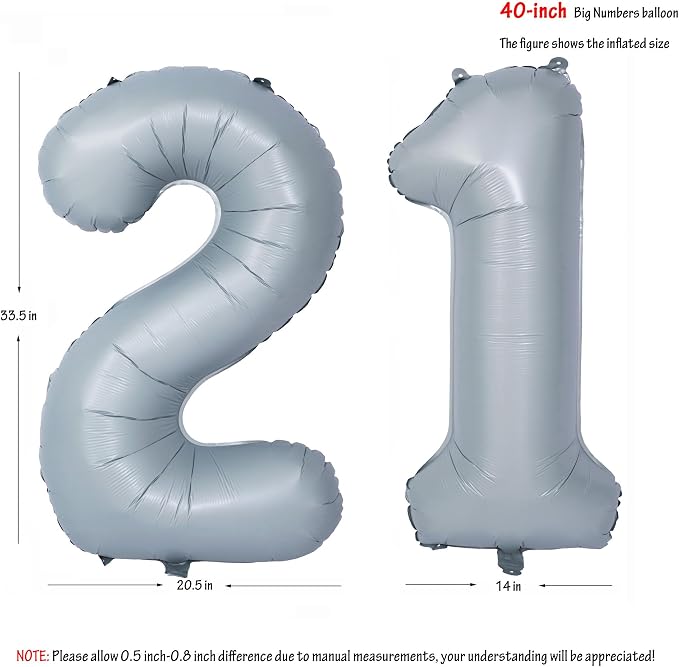 40 In Matte gray Number Balloon Helium Foil Mylar Birthday Balloon Digit 21 | - Image 2