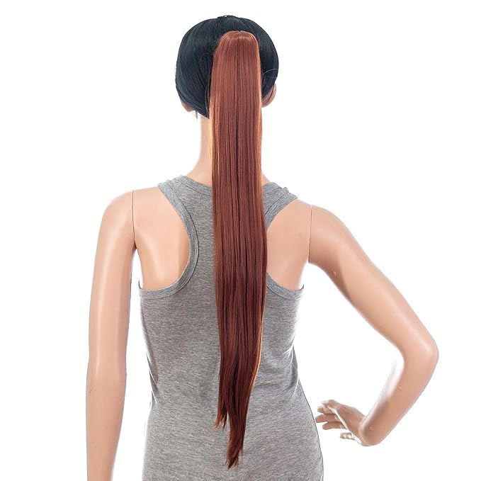 SWACC 28-Inch Long Straight Claw Clip Ponytail Extensions Synthetic Hair Extensions Ponytail Jaw Clip Hair Pieces for Women (Dark Copper Red)