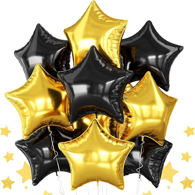 Black Gold Star Foil Balloons, 18 Inch Metallic Black and Gold Stars Balloon by BIAPIAN
