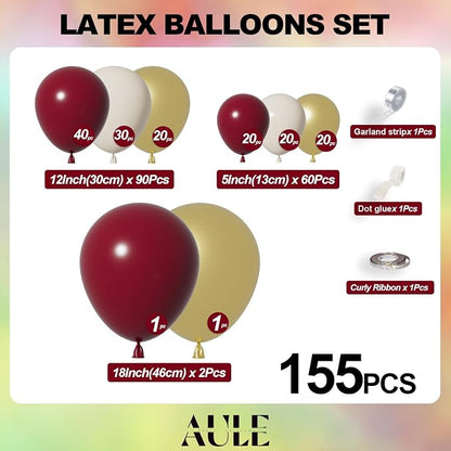 AULE 155Pcs Burgundy Balloon Arch Kit Gold Sand White Balloons | Maroon Balloon - Image 2