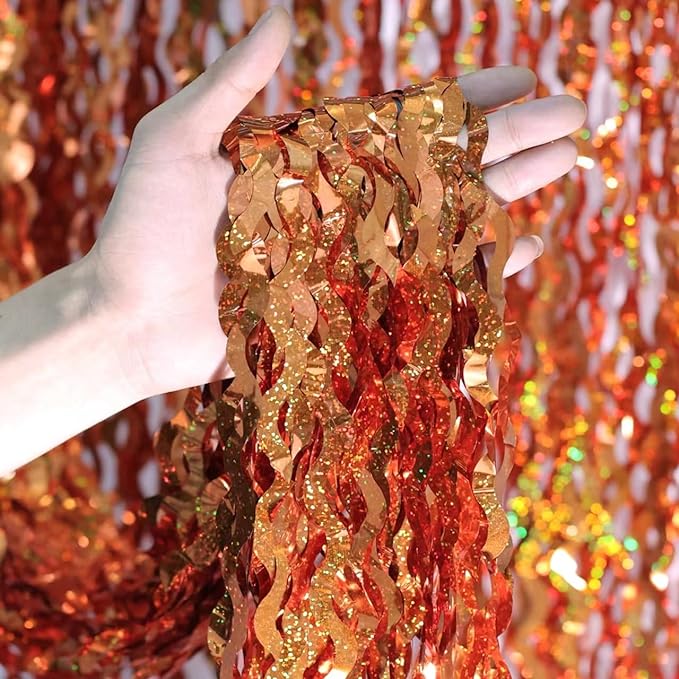 4 Pack 3.3x6.6ft Wavy Orange Foil Fringe Backdrop Curtains -Tinsel Streamers by CYLMFC