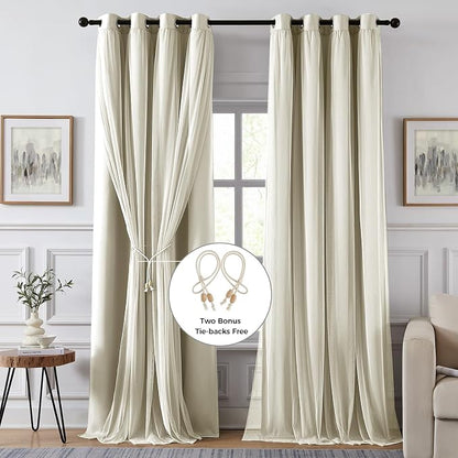 100% Blackout Curtains for Bedroom, Double Layer Beige Curtains, Room Darkening - Image 2
