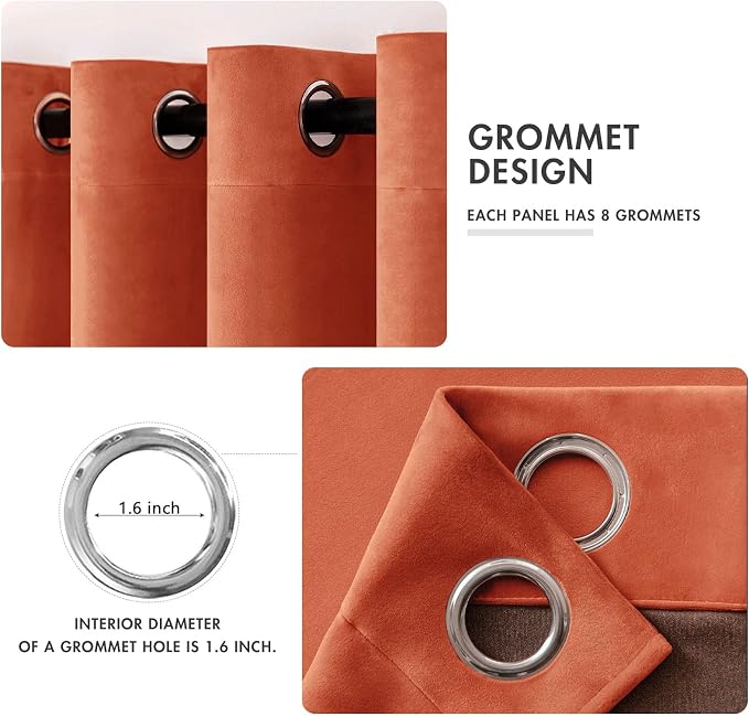 MIULEE Fall Burnt Orange Velvet Curtains 52 x 96 Inch Length Set of 2 | Grommet - Image 2