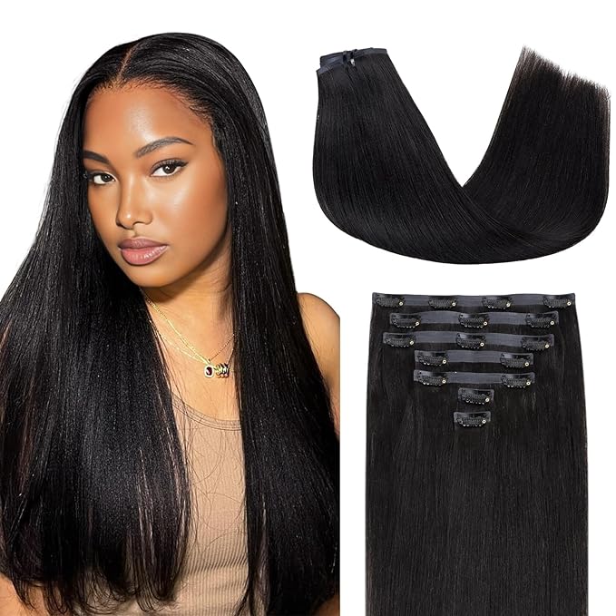 Lashey Seamless Clip in Hair Extensions Human Hair #1 Jet Black Light Yaki Straight Clip in Hair Extensions Real Human Hair 7pcs 110g 24 Inch PU Weft Natural for Women