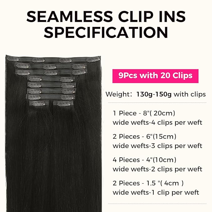 Lashey Seamless Clip in Hair Extensions Real Human Hair Extensions, 9pcs 150g Straight Remy Human Hair Extensions Clip in Long Thick 22 Inch #1B Natural Black Human Hair Extension
