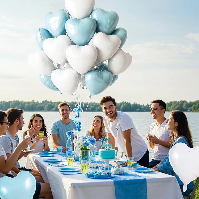 TONIFUL 30 Pcs Blue White Heart Balloons 18 Inch Heart Shape Foil Balloon | - Image 6
