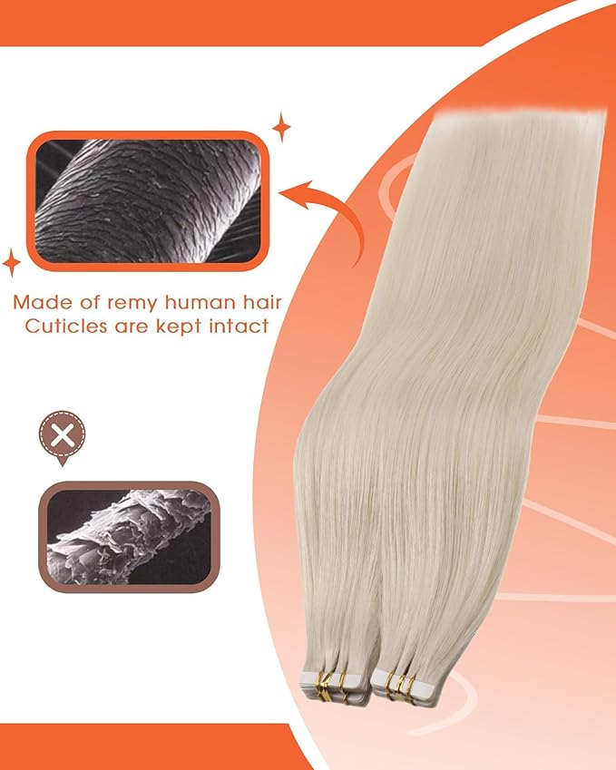 Sunny Hair Tape in Hair Extensions Real Human Hair Invisible Remy Hair Extensions Tape ins for Women White Blonde 24 inch 25G