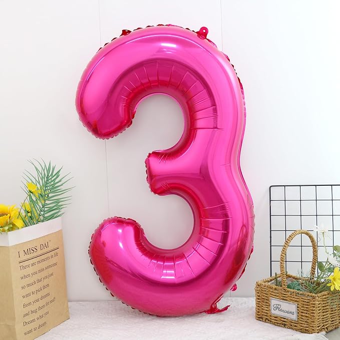 40 Inch Hot Pink Number 3 Balloon, Giant Number Balloons, Birthday Decor | - Image 2