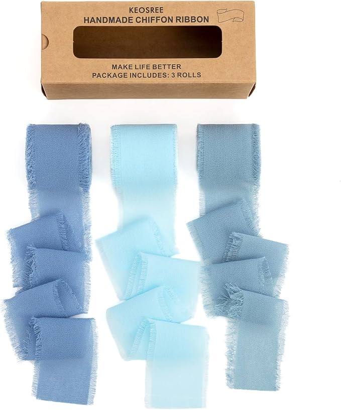 KEOSREE Baby Blue Dusty Blue Chiffon Ribbon Set 1.5" x21Yd | Handmade Frayed by KEOSREE