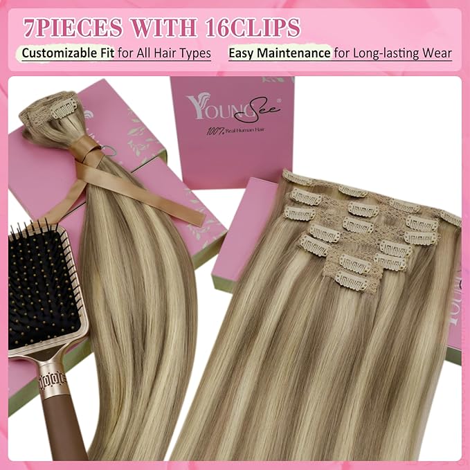YoungSee Hair Extensions Clip ins Light Brown Clip in Extensions Highlight Clip on Hair Extensions Human Hair Light Brown with Blonde Highlights for Beginners 16Inch 7Pcs 120G