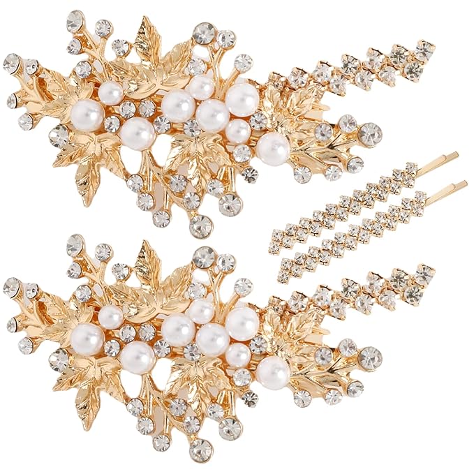 4PCS Gold Rhinestone Pearl Hair Clips, Wedding Bridal Leaf Hair Barrette, Sparkly Glitter Hair Pins Accessories for Women and Girls (Gold)