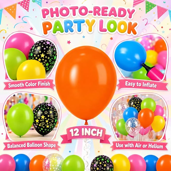 Glow Party Balloons, Lime Green Pink Orange Yellow Blue - Image 3