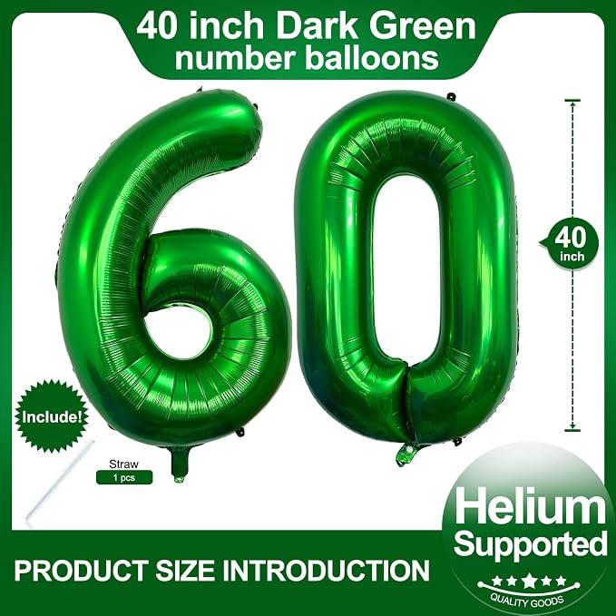 Number 60 Dark Green Balloons 40 Inch Giant Green 60 Numer Foil Helium Balloons - Image 2