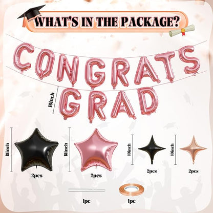 Congrats Grad Balloons, 16 Inch Rose Gold Black Congrats Grad Letters Banner - Image 2