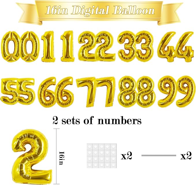 TONIFUL 20 Pcs Number Balloon 2 Set 16 Inch Fat Gold 0-9 Numbers Balloons | - Image 2