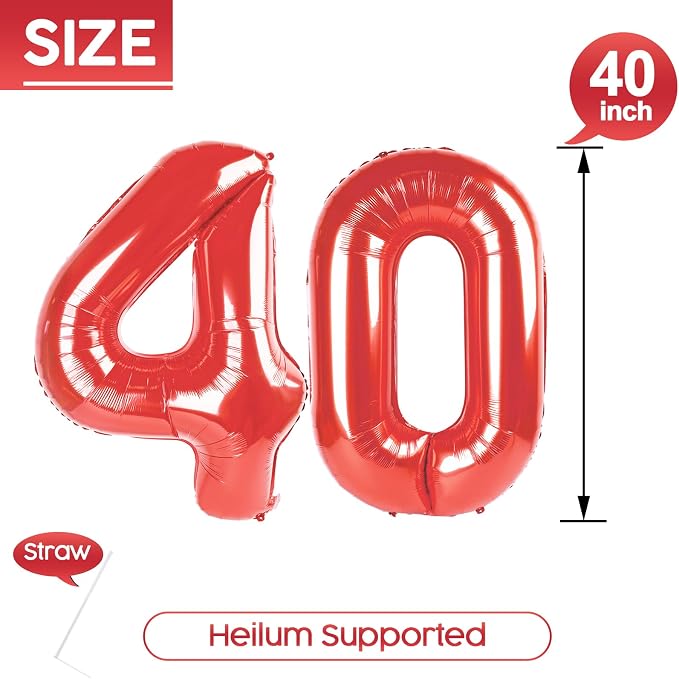 40 Balloon - Red Birthday Number Balloons, 40 Inch Decorations Men Women | Red - Image 5
