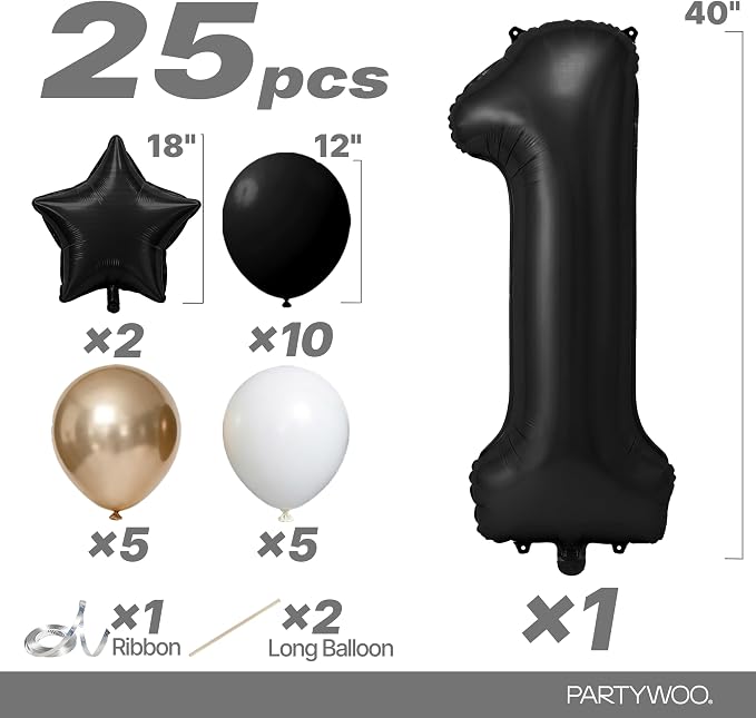 PartyWoo Number Balloons 40 Inch Black Number 1 Kit 25pcs - Image 2
