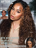 KLAIYI Ombre Brown Water Wave Bye Bye Knots Glueless Wig Human Hair Pre Cut 7x5 Lace Front Wigs Drawstring Pre Plucked Bleached Highlight Balayage Curly Ready to Wear and Go Wig with Dark Roots 26Inch