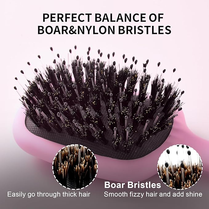 Mini Boar Bristles Hair Bursh, Travel Size Hair Brush for Women Men Kids, Protable Small Hair Brush for Pockets Purses, Mini Detangler Brush for Smooth Add Shine(Pink)