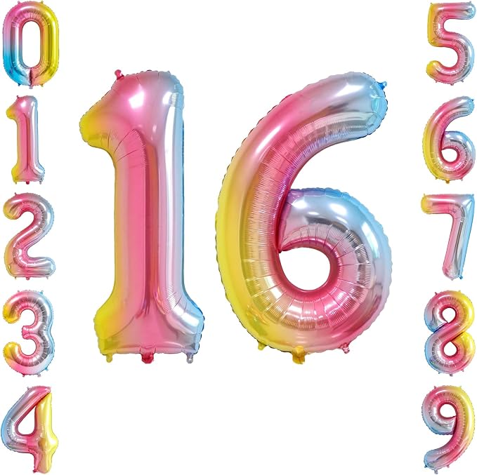 40 Inch Rainbow Foil Number 16 Balloon by TNCDJKPA