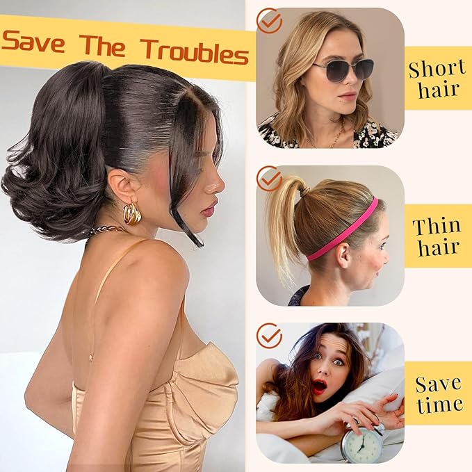 KooKaStyle Ponytail Extension, 10" Short Claw Clip in Pony Tails Hair Extensions Curly Wavy Synthetic Drawstring Hairpieces for Women Medium Brown