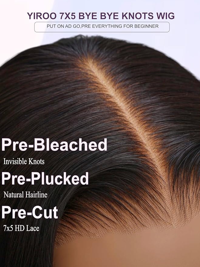YIROO Bye Bye Knots 7x5 Lace Straight Bob Wig Glueless Human Hair Wig with Elastic Drawstring,Pre Plucked Pre Cut Short Bob Lace Closure Wig Wear and Go Natural Color 150% Density 10Inch