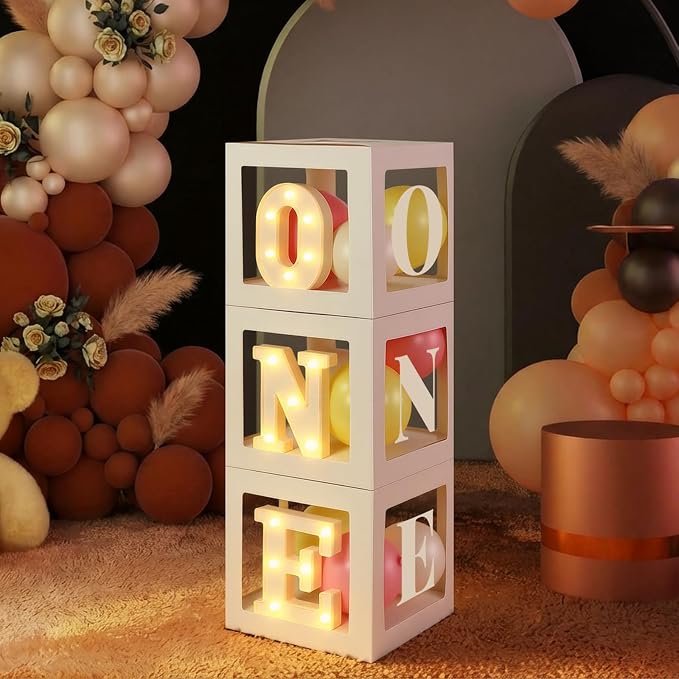 One Balloon Boxes with O, E Light up Letters Three White Transparent Square by Resholder