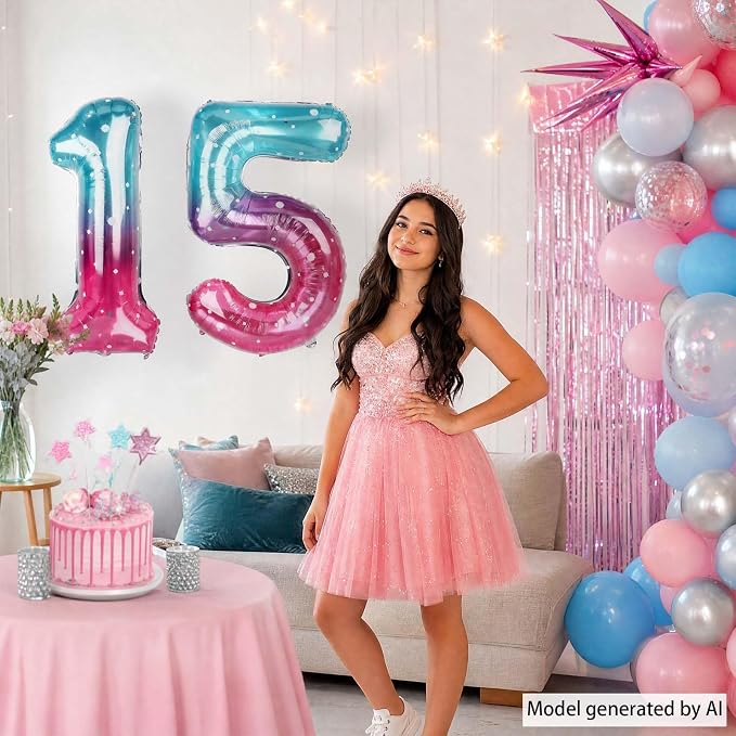 40 Inch Blue Pink Number 15 Balloon, Quinceanera & 15th Birthday Decor | 40in - Image 2