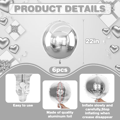 6Pcs Silver Round Foil Balloons, Giant 4D Round Ball Balloons, 22 Inch Metallic - Image 2