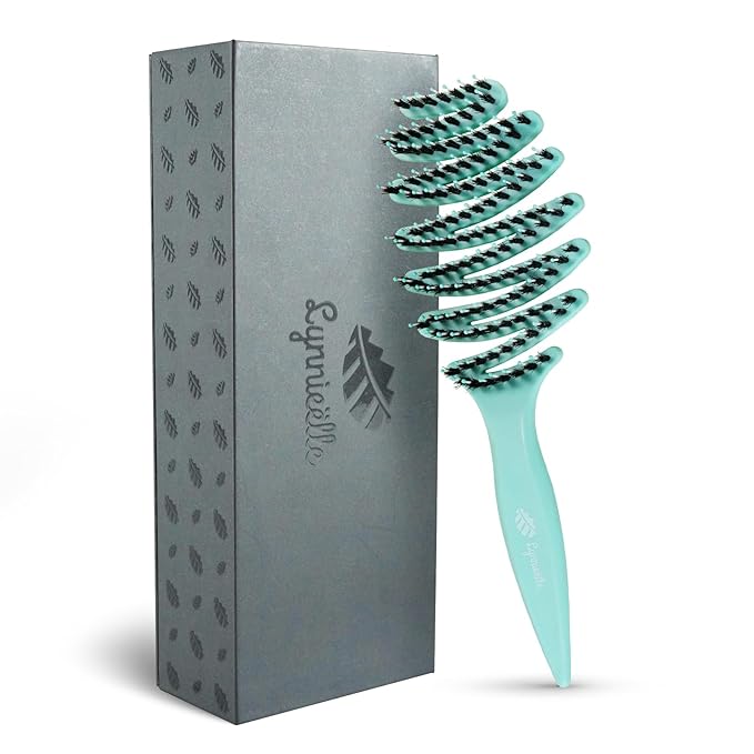 Enhanced Hair Brush - Tailored for Every Hair Type! Detangling with Durable Boar Bristles, Vented & Curved Paddle for Scalp Massage, Aqua
