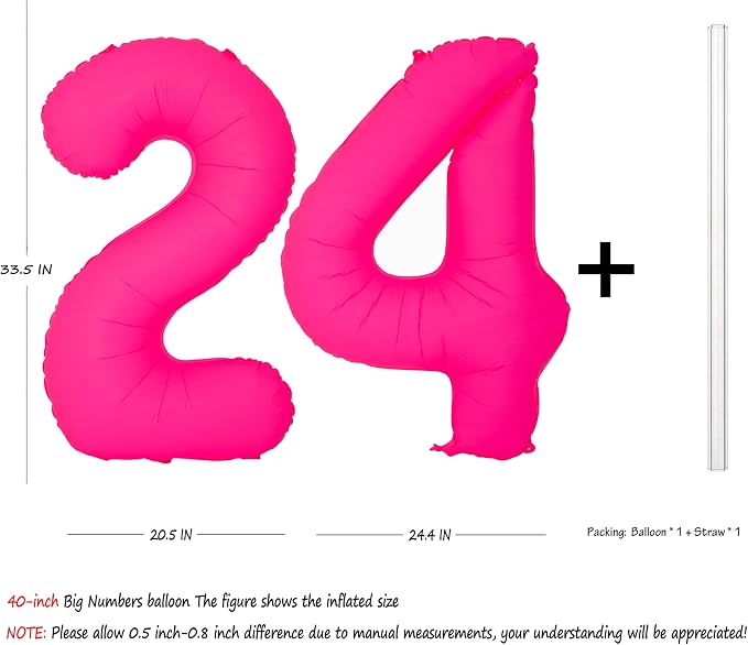 Pink Birthday Number 24 Balloons 40IN Fluorescent Pink 42 Foil Balloon | - Image 2