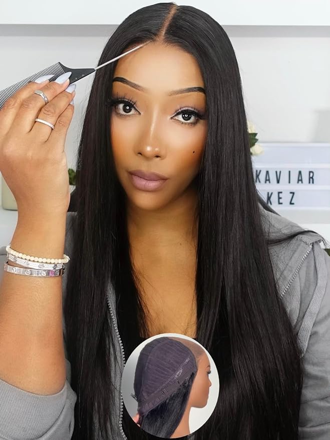 Julia Hair No Slip Yaki Straight 7x5 Lace Closure Glueless Drawstring Wig Flexible Mesh Cap Bye-Bye Slip Pre Cut HD Lace Front Pre Everything Bleached Knots Wear and Go Wig,Zero Slip Hold 16 Inch