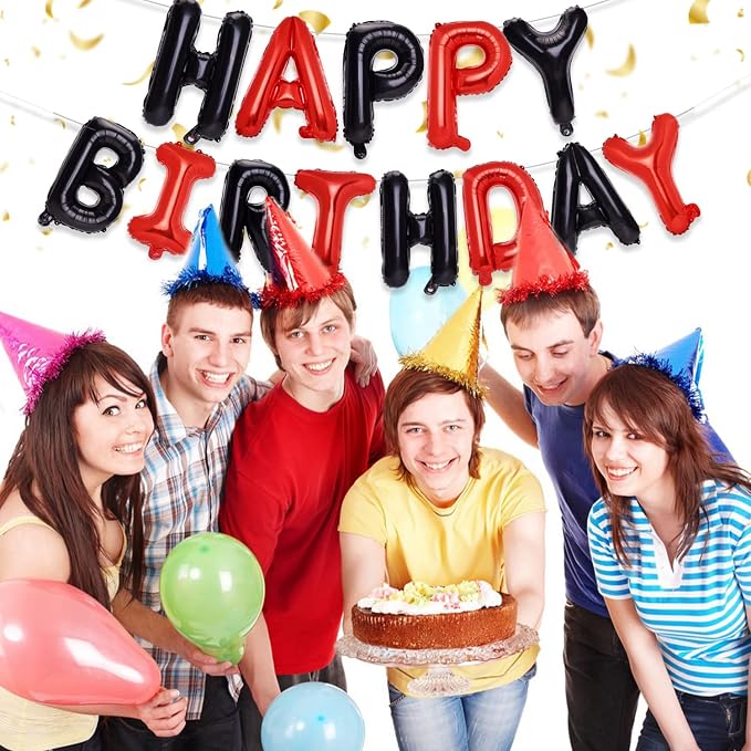 PIGETALE Black and Red Happy Birthday Banner Balloons, 16 Inch Mylar Foil Happy - Image 3